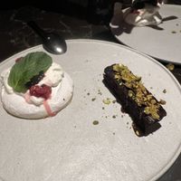 Pavlova and Dubai chocolate bar brownie  at Planta Queen in Chicago