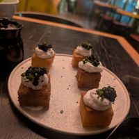 This is the 1,000 layers potato, with vegan cream cheese and caviar (made from seaweed) on top. Was very good at Planta Queen in Chicago