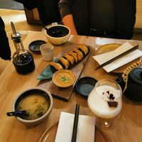 Dumplings, miso soup and cocktail at Bloom Sushi - Quartier des Spectacles in Montreal