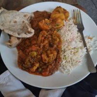 Vegetable Dhansak, Pilau Rice, Bombay Aloo and Tandoori Roti at Northgate Indian Restaurant in Hunstanton