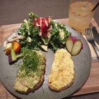 Open sandwich plate: Avocado and vegan scrambled egg, drink: Ginger and cinamon ice drink at Cafe Tarot - カフェタロ in Tokyo