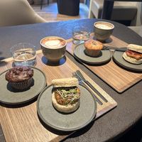 double chocolate muffin, mocha coffee, pepper sausage sandwich (with black pepper and sprouts), banana muffin, sausage sandwich (with ketchup and mustard)  at Cafe Tarot - カフェタロ in Tokyo
