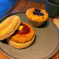 Sausage breakfast muffin and blueberry muffin   at Cafe Tarot - カフェタロ in Tokyo
