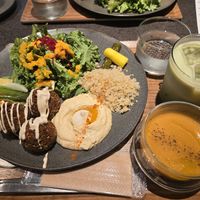 Falafel plate with side soup + iced organic matcha at Cafe Tarot - カフェタロ in Tokyo