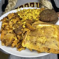 Brunch plate: French toast, potatoes, scrambled tofu, lentil sausage  #Veganuary at Adina's Vegan Cuisine in St Louis