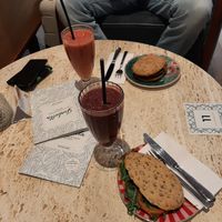 Strawberry smoothie, acai smoothie, avocado sandwich grilled veggie sandwich at Isabella Pâtisserie in Munich