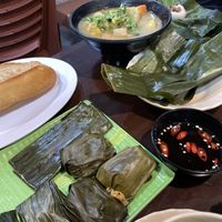 Rice cake leaves and French bread (not vegan) with vegetables  at Genkan Vegan Cafe in Dong Hoi
