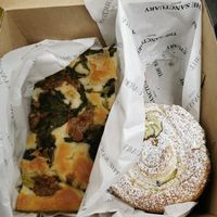 Focaccia with Salsiccia and brokkoli (greens) and pistacchio pastr at The Sanctuary in Berlin