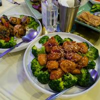 Sesame "Chicken", "Scallops", and "Duck", with Green Tea at Bodhi Village at Bodhi Village in Flushing