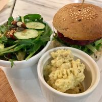 Beet (millet) burger + potato salad & raw salad at Real Food - The Central in Central Singapore