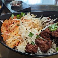 Steak (seitan) and rice bowl at Trail Life Brewing in Grand Junction