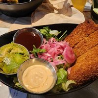 katsu not chicken substitute herb crusted tofu steak. super yummy at Trail Life Brewing in Grand Junction