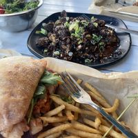Vegan beet sandwich with side salad. Brussels sprout appetizer.  at Trail Life Brewing in Grand Junction