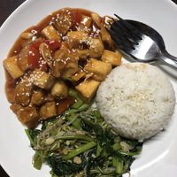 Oreng oreng (tofu tempeh sweet sauce and rice)  at Felice's Vegetarian Restaurant in Kuta