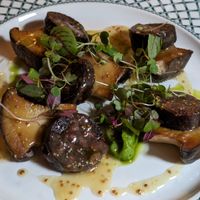 Oyster mushrooms and vegan black pudding and pee puree at Roman Camp Hotel in Callander