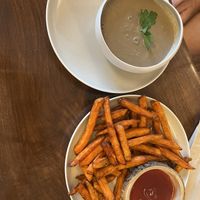 The mushroom soup and sweet patatoes with ketchup  at Tyche in Antalya