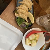 vegetable gyoza (served with sauce) and vegan agedashi tofu  at Hamayuu Japanese Restaurant in Chester
