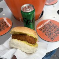 Broodje Kroket (croquette burger) with mustard sauce, vegetarian  at Vlaamse Frites Snackland in Amsterdam