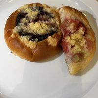 Poppyseed, plum, and streusel (left) and strawberry, rhubarb, and vegan custard (right)  at Kolacherie Celetna in Prague