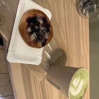 Vegan blueberry pastry with almond milk matcha latte   at Kolacherie Celetna in Prague