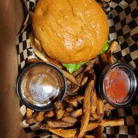 Vegan cheeseburger and fries at Scythe Brewing Company in Longview