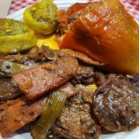 Asado, stuffed artichokes, and stuffed bell pepper at Roni Maadanei Boutique - VBurger - Roni's Hummus - La Plata Mia in Zikhron Yaakov