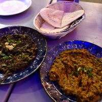 Bakoula (left), gluten-free pitas (behind), Za'Alook (right) at Tajine in Santa Fe