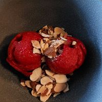 Cherry sorbet with chocolate crumble and toasted almonds at Restaurant Polfareren in Longyearbyen