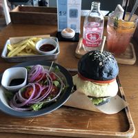 Vegan Burger 🍔 With Side Salad 🥗 Side Fries 🍟 Peach & Strawberry Soda 🍑🍓  at Cafe K.O.B - By The Sea in Koh Samui