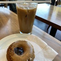 PBJ donut and vanilla soy latte iced  at Temple in Sacramento