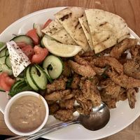 Oyster mushrooms in batter , salad and tahini dipp  at The Greek in Vancouver