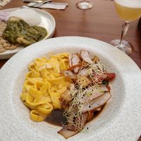 Main. Tofu and pasta in yellow sauce at Florencia - Vegan Kitchen in Lima