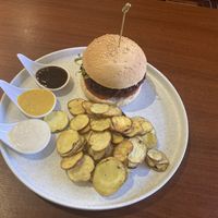 Vegan burger and potato chips  at Florencia - Vegan Kitchen in Lima