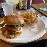 Jalapeño burger and onion rings. So good! Not a beyond patty. Maybe too much Mayo  at Bean Vegan Cuisine in Charlotte