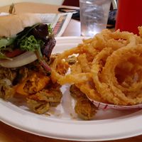 Jalapeno burger with onion rings at Bean Vegan Cuisine in Charlotte