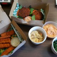 Tofu Fingers, Crabby Plate, Steamed Kale, Hashbrown Casserole and Cheesish Dip. All were WONDERFUL at Bean Vegan Cuisine in Charlotte