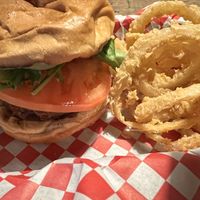 Crabbie Patty Sandwich with onion rings   at Bean Vegan Cuisine in Charlotte