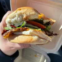 Bacon chzburger with seitan bacon, lettuce, tomato, cheese, impossible patty and onion  at Bean Vegan Cuisine in Charlotte