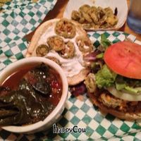 Collard Green, Jalapeño Cheddar Burger & Fried Pickles at Bean Vegan Cuisine in Charlotte