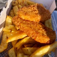Takeaway vegan fish and chips  at Fishermans Bay in Whitley Bay