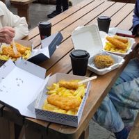 Vegan fish and sausage and chips with tea! at Fishermans Bay in Whitley Bay