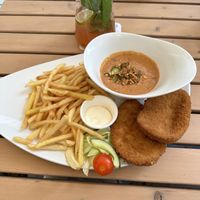 Vegan Schnitzel & Pomegranate-Lime Ice Teaa  at Cafe Extrablatt in Cologne