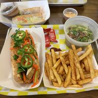 Summer rolls, tofu banh mi made vegan, fries (came with sauce that may have been mayo based so will specify no sauce in future), veggie soup  at Bee BanhMi in Cary
