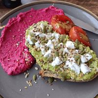 Smashed avocado and beet hummus at The Market Place in Morpeth