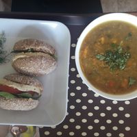 Breakfast bagel w/ soup, yummy :-) at SimplyRaw Express in Ottawa