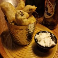 Frickles (fried pickles) with vegan mayo at The Barrelman in Dundee