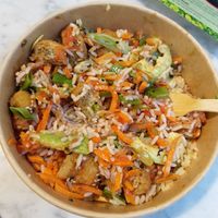 Vegan bowl with "no chicken tenders" (after I mixed everything together) at BLL - The Budda Bowl Project - Departures in Billund