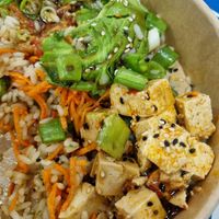 Buddha bowl with tofu (also availywith beyond meat). There was lots more veg not pictured, it was a large portion. It was delicious! at BLL - The Budda Bowl Project - Departures in Billund