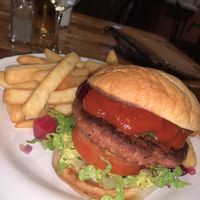 Vegan burger with fries. Beautiful homemade tomato sauce.   at Mapleton Public House in Mapleton