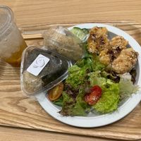 Vegan Onigiri Plate (two types of onigiri, salad, fried soy meat) and pear soda. at Farm Michiru in Hirosaki